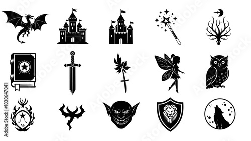 A captivating set of mystical black silhouette icons representing fantasy and mythical elements