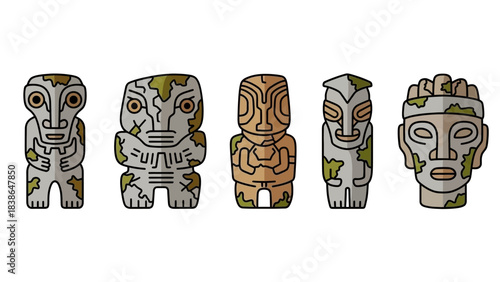 A collection of ancient stylized tribal tiki statues and cultural masks representing Polynesian