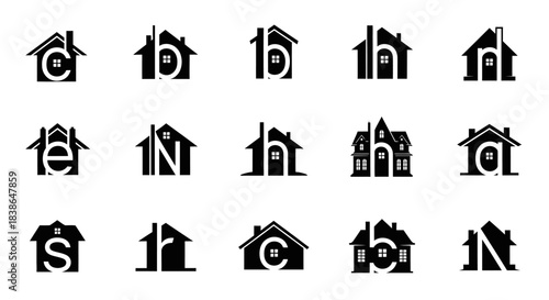 A collection of distinct house and letter combined vector logos for modern real estate branding