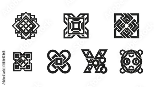 A collection of intricate black and white geometric and abstract ornamental patterns and symbols,