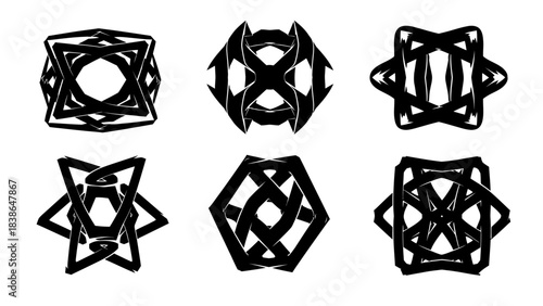 A collection of six unique black geometric abstract ornamental logos and symbols on a white