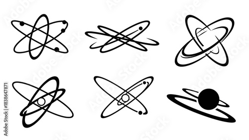 A collection of stylized atomic models and planetary symbols for science and technology designs