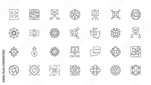 A collection of abstract line icons representing network technology data and connections