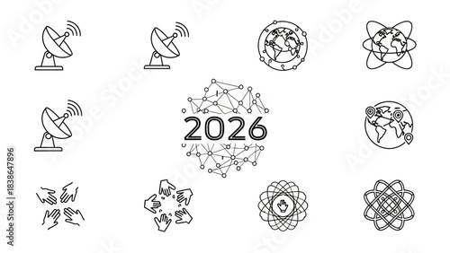 A collection of modern line icons representing global communication, technology, and future