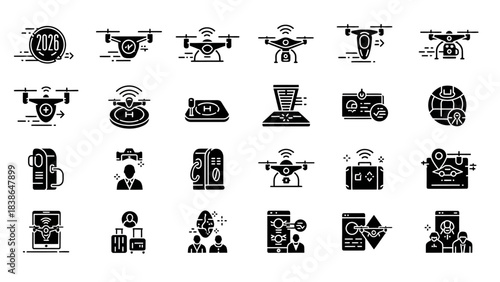A comprehensive collection of black glyph icons illustrating future drone technology smart city