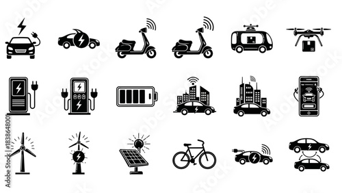 A comprehensive icon set representing electric vehicles, smart city technologies, and sustainable