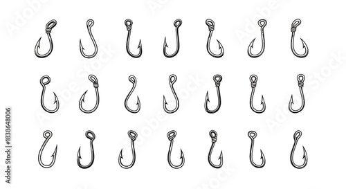 A comprehensive vector collection of hand-drawn fishing hooks perfect for various design projects