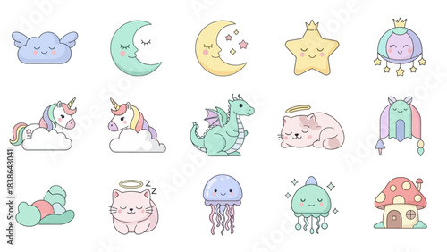A delightful collection of cute pastel mythical creatures and dreamy celestial objects in charming