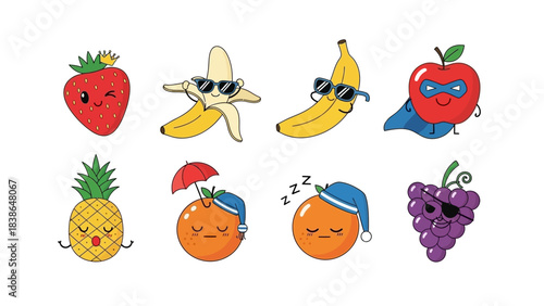 A delightful assortment of cute cartoon fruits with whimsical expressions and accessories perfect