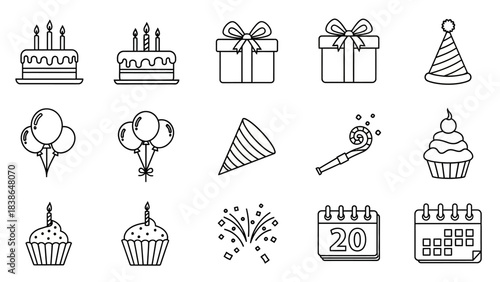 A delightful collection of minimalist outline icons for various birthday and celebration events