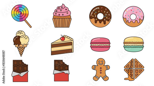 A delightful collection of sweet treats and sugary desserts on a pristine white background perfect