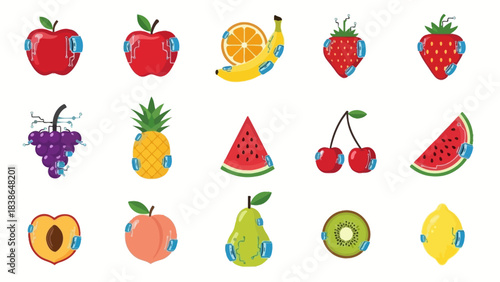 A vibrant collection of cybernetic fruits illustrating the future of smart agriculture and food