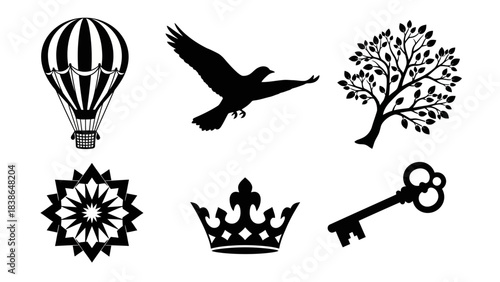 A versatile collection of black silhouette vector icons featuring various symbolic elements for