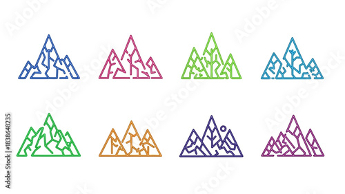 A vibrant collection of eight minimalist outline mountain range icons in diverse geometric styles