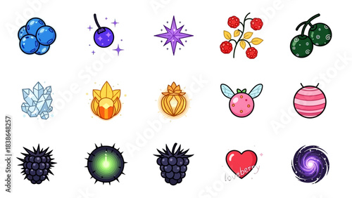 A vibrant collection of fantasy game icons and collectible items for an adventure quest