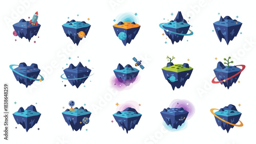 A vibrant collection of isometric floating space islands featuring futuristic elements and