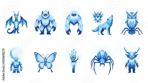 A vibrant collection of mythical creatures and magical elements depicted in ice blue hues perfect