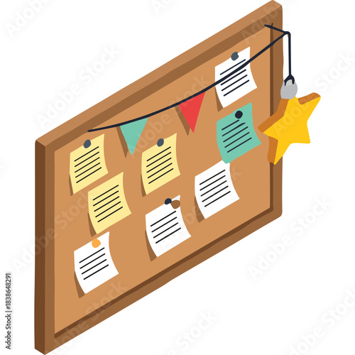 Isometric Cork Bulletin Board Displaying Notes Messages And Decorations With Colorful Bunting And A Star Shaped Ornament Against A Black Background
