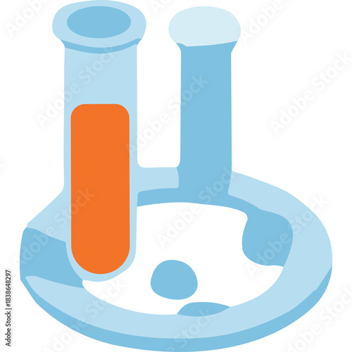 Isometric Illustration of a Laboratory Flask with Orange Liquid and Bubbles on a Black Background Representing Science and Chemistry