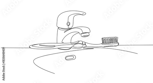 Line drawing of a bathroom sink with a faucet and a toothbrush on a countertop isolated on a transparent background