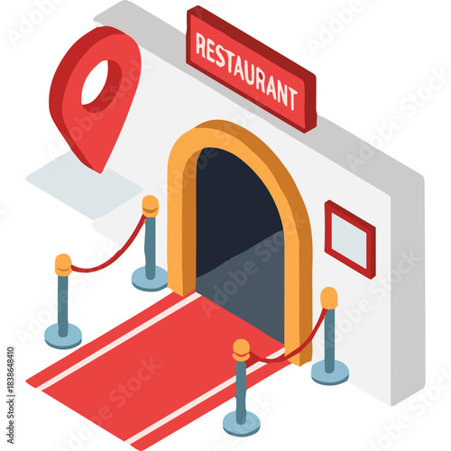 Isometric view of a red carpet leading to a restaurant entrance with a map pin and velvet ropes guiding guests to fine dining establishment and entertainment venue illustration