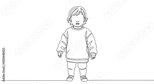 Line drawing of a young child standing with a neutral expression, wearing a sweater and shorts, isolated on a transparent background