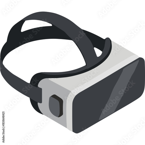 Isometric Virtual Reality Headset With Black Straps and White Gray Plastic Casing On Black Background With Subtle Shadows