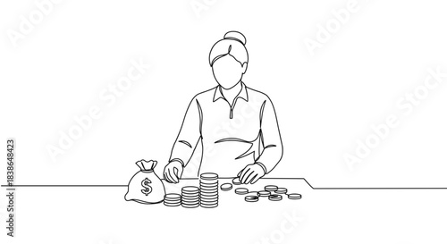 Line drawing of a woman counting money at a table with coins and a bag of cash on a transparent background