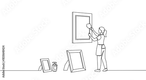 Line drawing of a woman hanging a picture frame on a wall, surrounded by art supplies and frames, in a well-lit indoor studio space on a transparent background