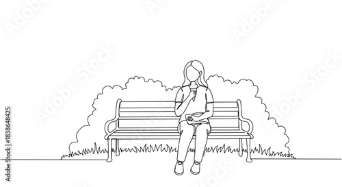Line drawing of a woman sitting on a park bench in a serene outdoor setting surrounded by bushes, enjoying a moment of relaxation during the day on a transparent background