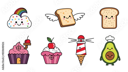 Adorable collection of kawaii style vector illustrations featuring happy food items and charming