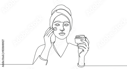 Line drawing of a woman applying cream to her face while holding a jar of moisturizer in a calm indoor setting with a minimalist style and clear outlines