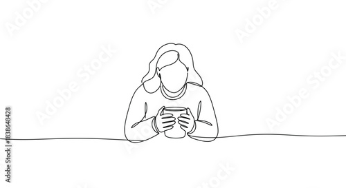Line drawing of a woman enjoying a warm cup of tea or coffee while sitting at a table, with a calm expression, isolated on a transparent background