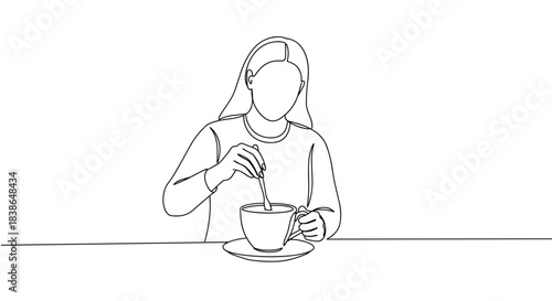 Line drawing of a woman stirring a bowl with a spoon while sitting at a table, isolated on a transparent background