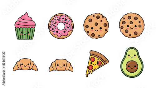 Adorable collection of smiling food illustrations featuring sweets and savory snacks and healthy