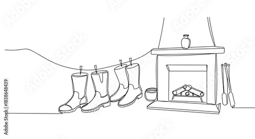 Line drawing of a cozy indoor setting featuring four pairs of boots hanging by the fireplace with tools, creating a warm and inviting atmosphere with a touch of rustic charm, isolated