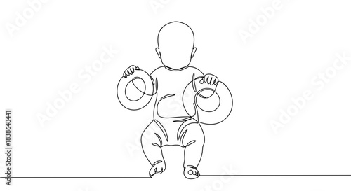 Line drawing of a baby holding toys while squatting, showcasing playful innocence and joy on a transparent background