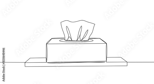 Line drawing of a tissue box with tissues emerging, positioned on a flat surface, illustrating a minimalist style with clear lines and a monochromatic color scheme, isolated