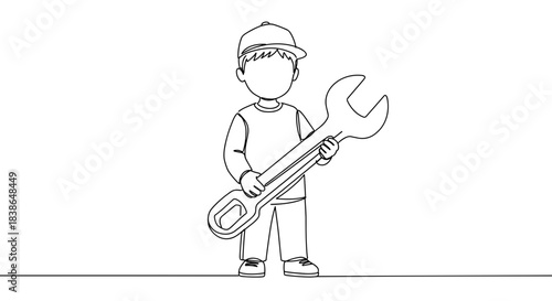 Line drawing of a cartoon mechanic holding a large adjustable wrench while wearing a cap, isolated on a transparent background