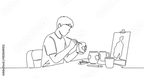 Line drawing of a young man painting on canvas at a table with art supplies around him, showcasing creativity in a studio setting on a transparent background