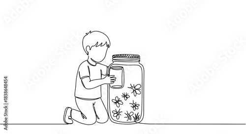 Line drawing of a person recycling trash into a large container while kneeling in an environmentally conscious setting with a focus on sustainability and waste management on a transparent background