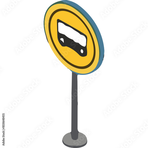 Isometric yellow circular bus stop sign with blue border on gray pole against black background indicating public transportation service location and route information