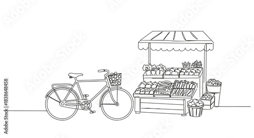 Line drawing of a bicycle parked beside a fruit and vegetable stall loaded with fresh produce in a sunny outdoor market setting on a transparent background