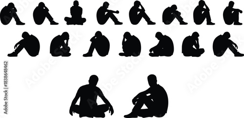 Sad and depressed human silhouette poses set showing loneliness, anxiety, mental health struggle and emotional stress isolated black vector collection