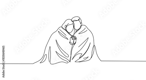 Line drawing of a couple embracing each other while wrapped in a cozy blanket, conveying warmth and intimacy, on a transparent background