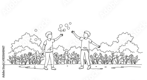 Line drawing of two children playing with bubbles outdoors in a lush green garden during a sunny day, showcasing joy and childhood innocence on a transparent background