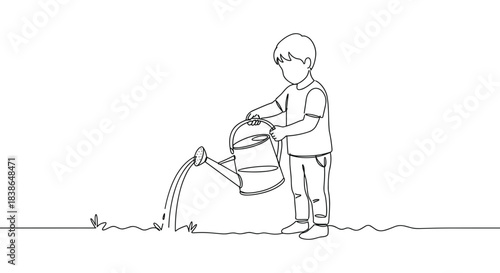 Line drawing of a young boy watering plants in a garden using a watering can, depicted with fine lines on a transparent background