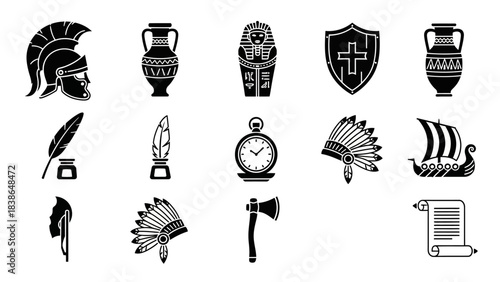 An iconic vector compilation showcasing historical artifacts, ancient cultures, and classic symbols