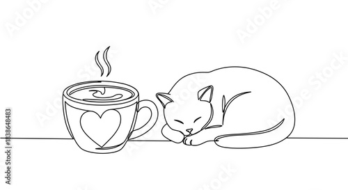 Line drawing of a sleeping cat curled up next to a steaming cup of coffee on a plain white background