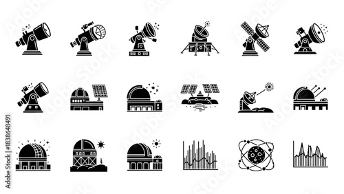 Astronomy and space exploration icon set featuring telescopes observatories and scientific tools